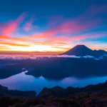 A stunning view of Mount Rinjani's active volcanic summit with lush greenery and crater lake, showcasing Indonesia's natural grandeur.