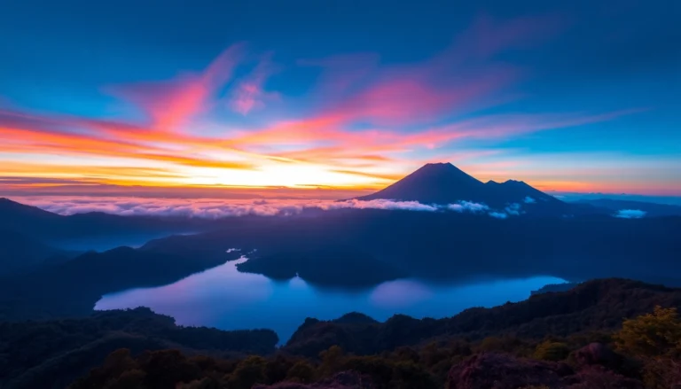 A stunning view of Mount Rinjani's active volcanic summit with lush greenery and crater lake, showcasing Indonesia's natural grandeur.