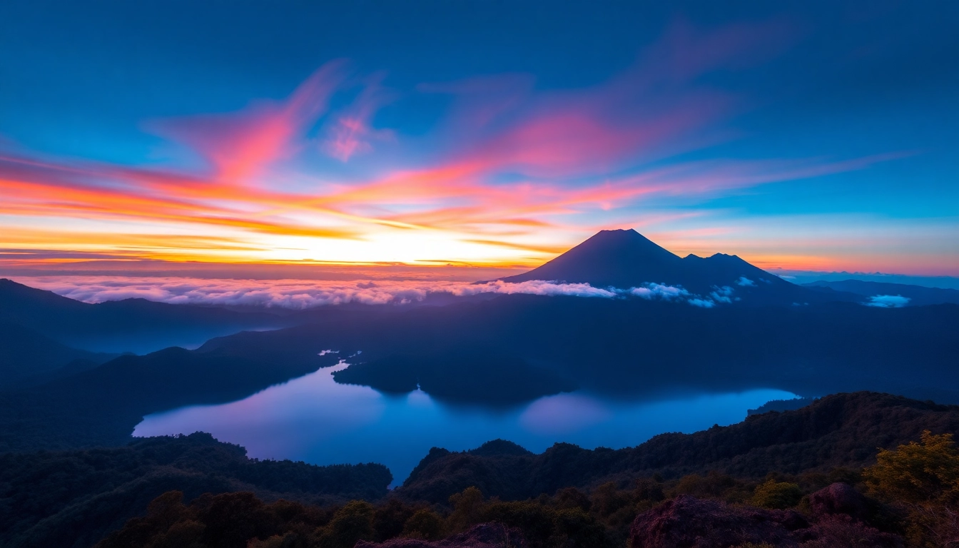 A stunning view of Mount Rinjani's active volcanic summit with lush greenery and crater lake, showcasing Indonesia's natural grandeur.