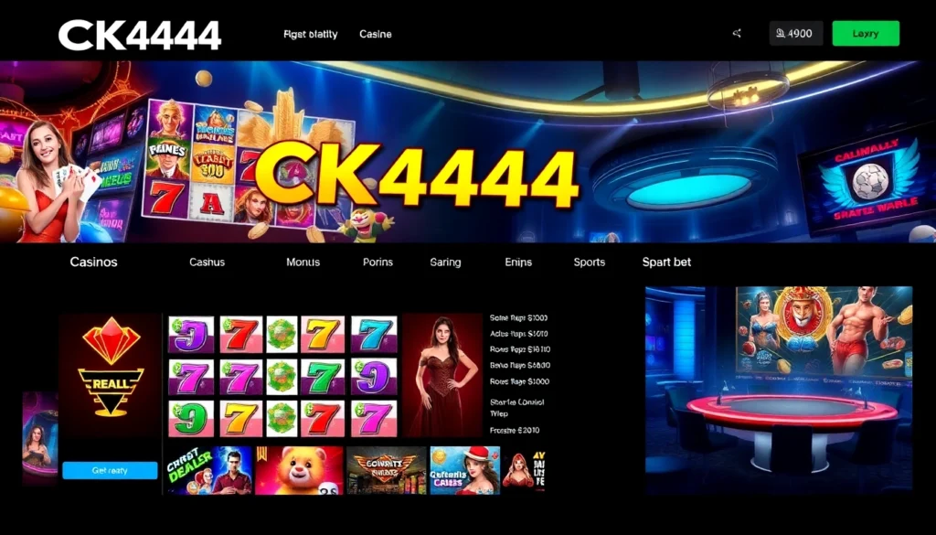 CK 444 gaming platform showcasing live casino, slots, and sports betting with vibrant visuals