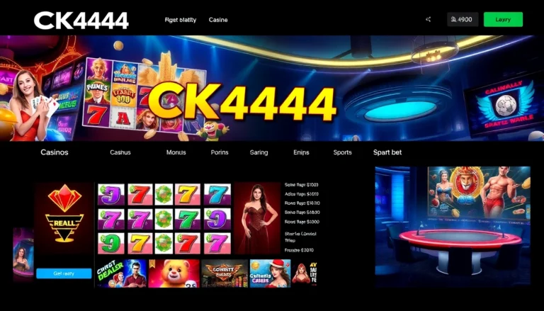 CK 444 gaming platform showcasing live casino, slots, and sports betting with vibrant visuals