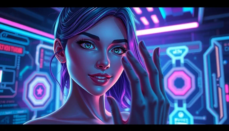 Futuristic digital scene of a person engaging with an AI-powered female character in a neon-lit virtual environment.