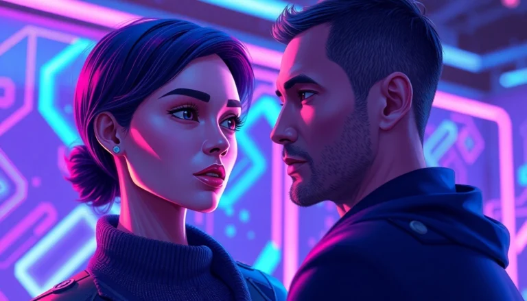 Futuristic scene of a human interacting with a seductive AI character in a neon-lit virtual environment.
