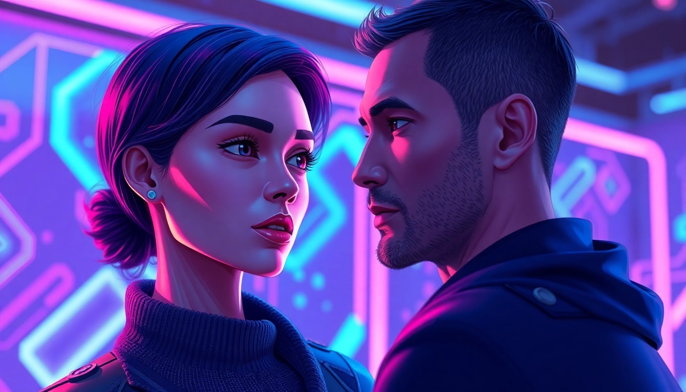 Futuristic scene of a human interacting with a seductive AI character in a neon-lit virtual environment.