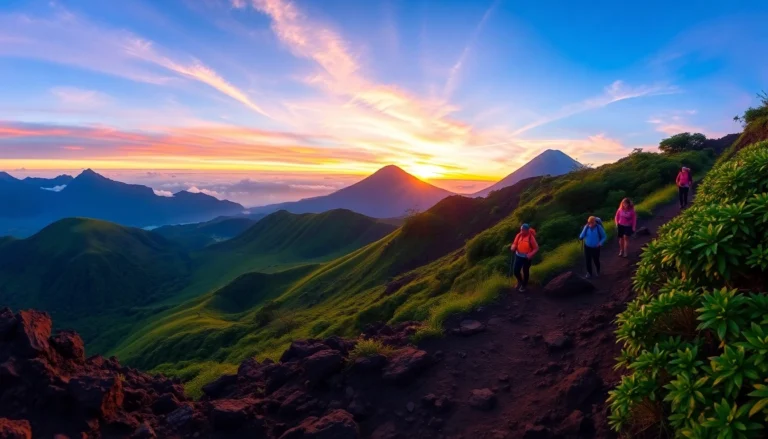 Hikers on Mount Rinjani's crater rim at sunrise with vibrant mountain scenery