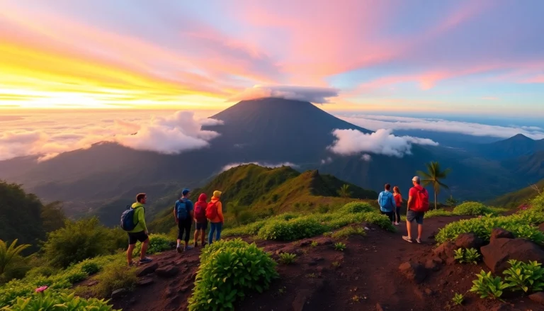 A group of hikers looking up at Mount Rinjani during sunrise, surrounded by lush greenery and rugged terrain.