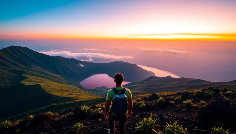 A hiker overlooking Mount Rinjani's crater lake at sunrise, with lush green slopes and vibrant sky.