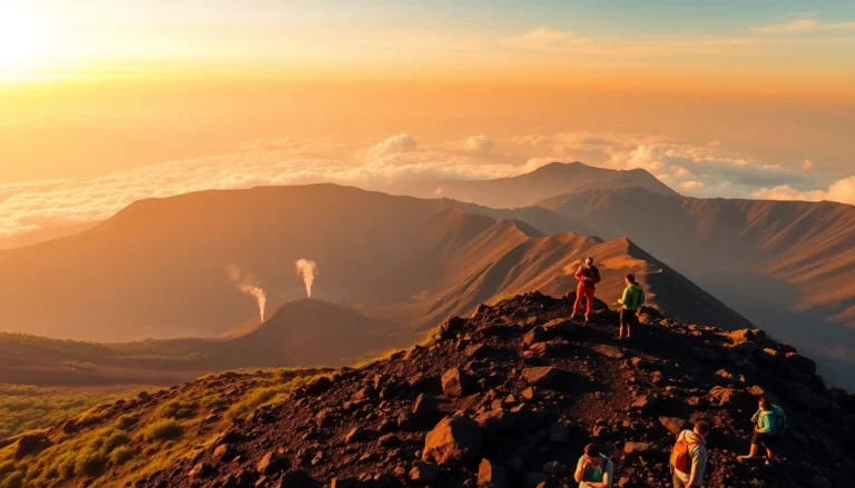 Hikers at sunrise on Mount Rinjani's crater rim with scenic volcanic landscape