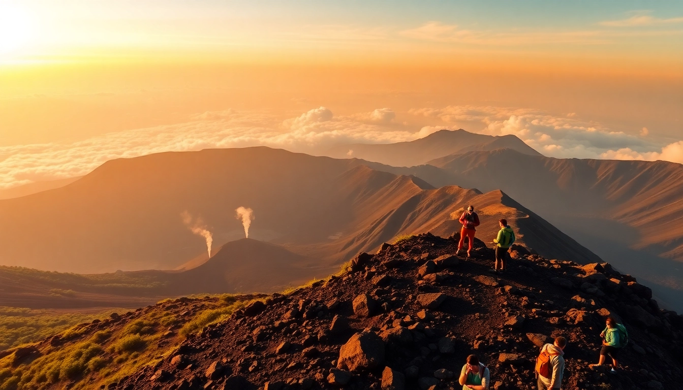 Hikers at sunrise on Mount Rinjani's crater rim with scenic volcanic landscape