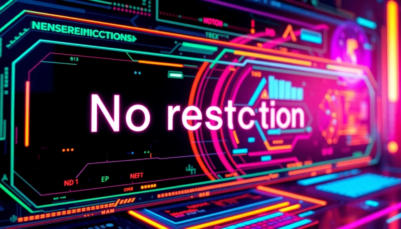 Visual of an advanced AI interface generating images with no restrictions, highlighting freedom and creativity in a colorful, high-tech style.