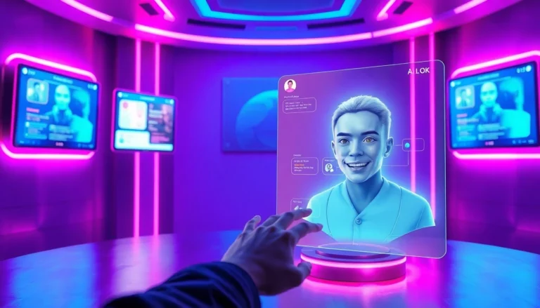 Futuristic digital scene with AI chat interfaces and holographic characters in a high-tech environment