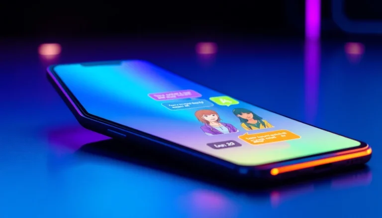 Close-up of a smartphone screen displaying a colorful AI chat interface with customizable characters in a futuristic setting.