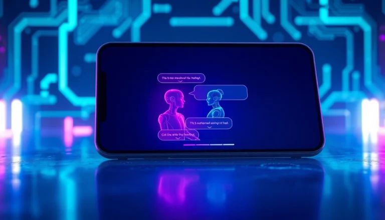 A futuristic AI chatbot interface on a sleek device with neon lighting and digital patterns, illustrating adult chat interactions.