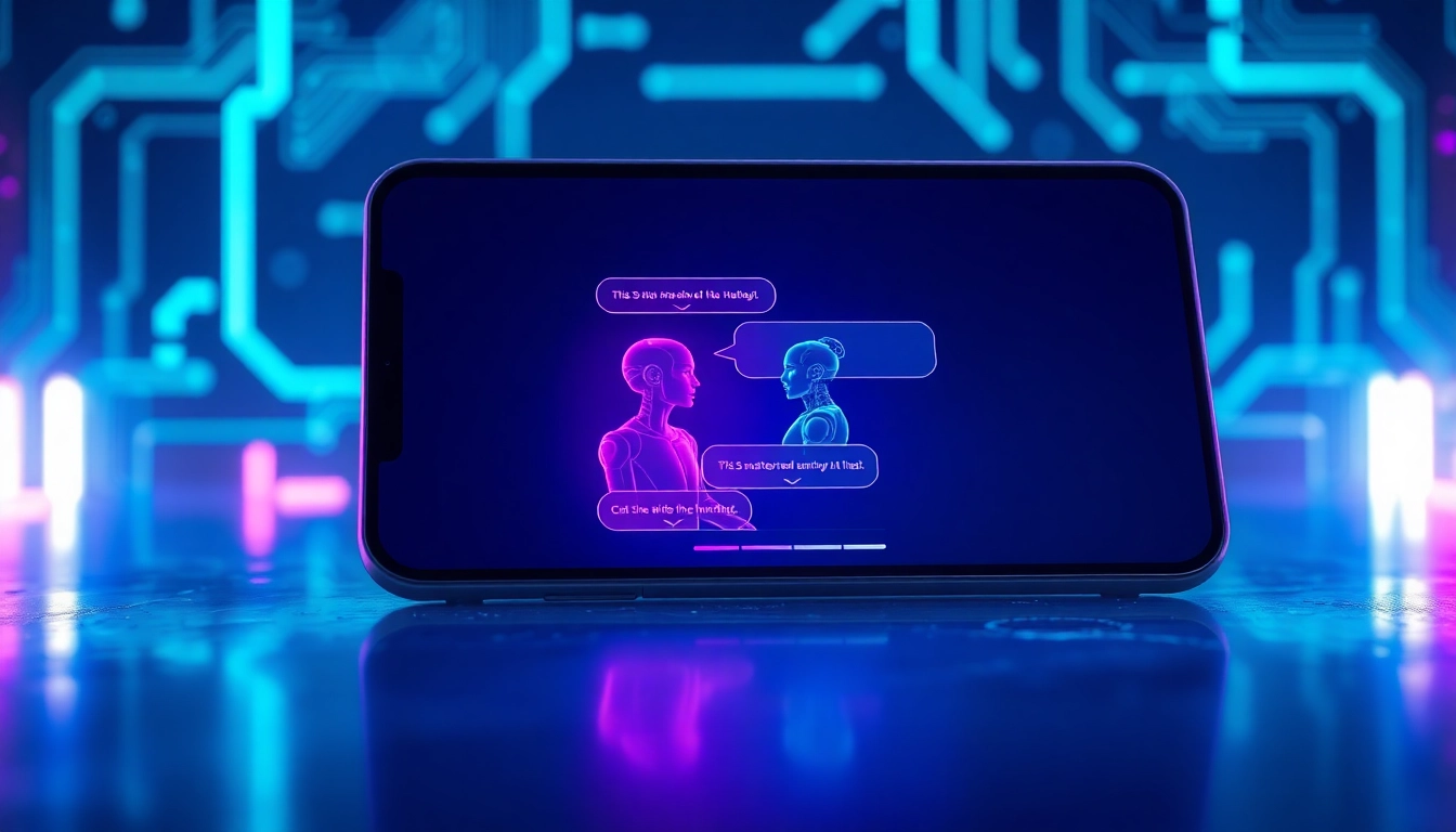 A futuristic AI chatbot interface on a sleek device with neon lighting and digital patterns, illustrating adult chat interactions.