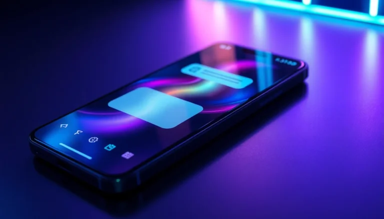 Close-up of a futuristic smartphone displaying an AI chat interface with neon lighting effects.