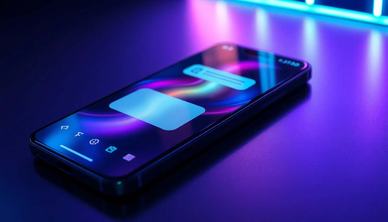 Close-up of a futuristic smartphone displaying an AI chat interface with neon lighting effects.