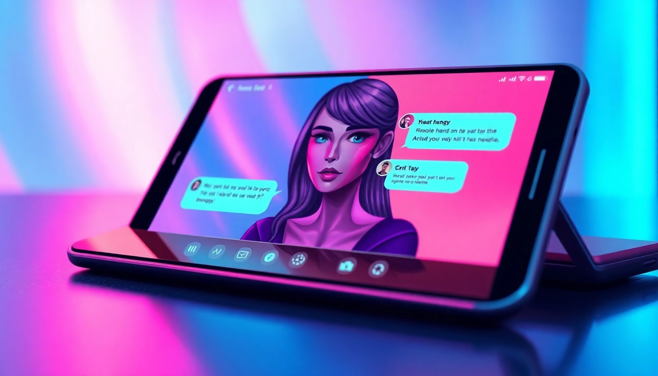 A futuristic smartphone displaying a spicy AI chat interface with neon colors and an engaging AI character.