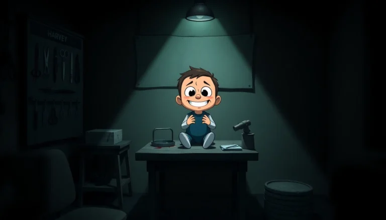 A disturbing scene of Harvey, a cheerful character, in a dark room with tools and shadows, showing pain and fear.