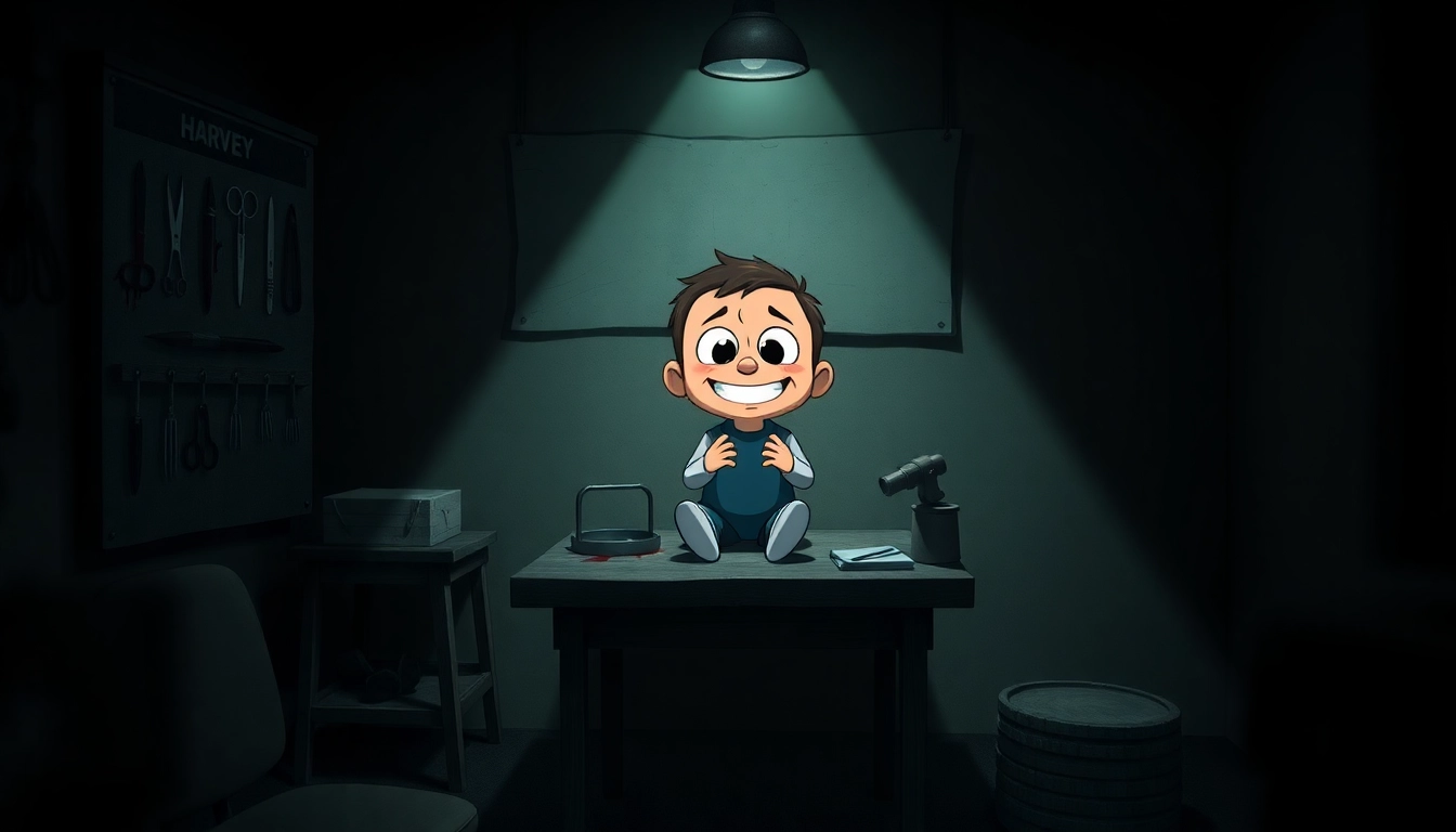 A disturbing scene of Harvey, a cheerful character, in a dark room with tools and shadows, showing pain and fear.