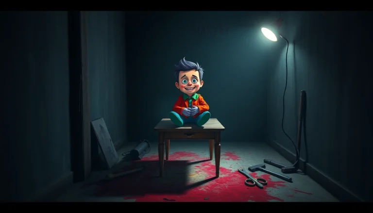 A disturbing image of Harvey, a cheerful character, in a dark room surrounded by sinister tools, with a tense and unsettling atmosphere.