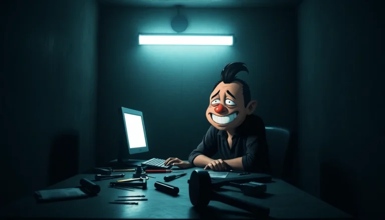 A disturbing scene of a man in a dark room clicking on a cheerful character named Harvey, who shows signs of pain and suffering, with unsettling tools and shadows creating a tense atmosphere.