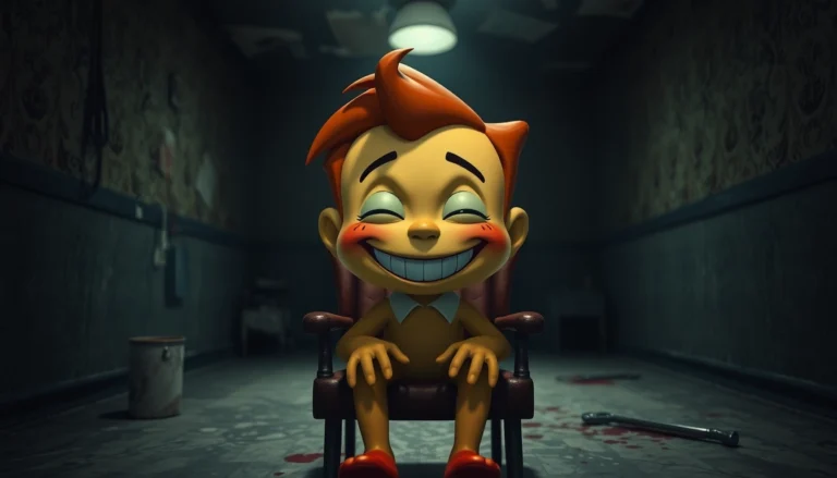 A disturbing image of Harvey, a cheerful character, sitting in a dark room with signs of suffering, evoking psychological horror