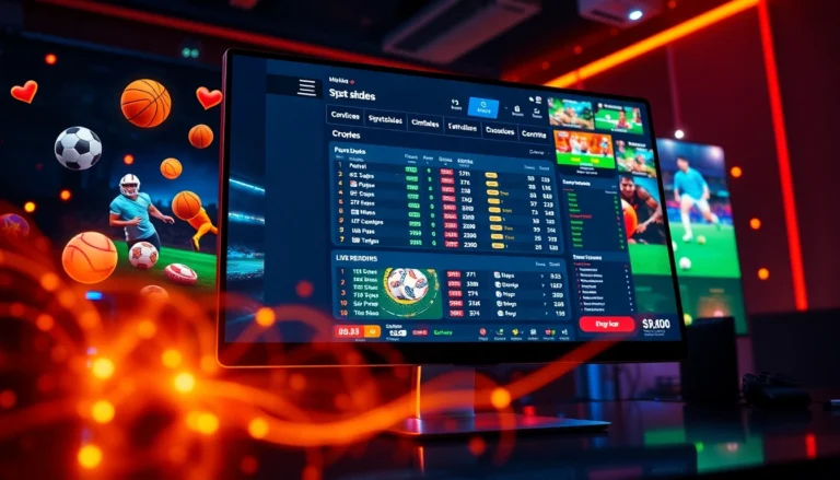 An online sportsbook and casino platform featuring sports icons, betting options, and live streaming elements on a modern digital interface.