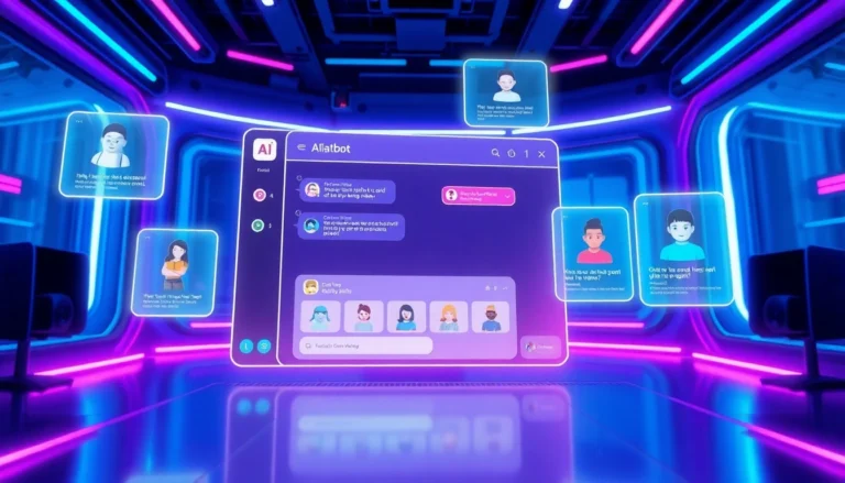 Futuristic AI chatbot interface with neon accents and holographic character panels