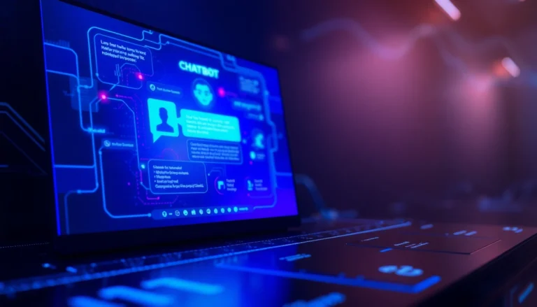 An advanced AI chatbot interface on a glowing screen with a customizable character avatar, set against a dark, data-rich background.