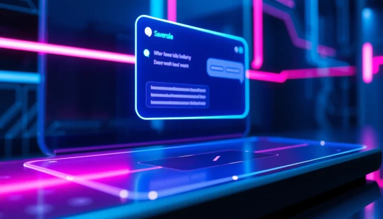 Futuristic AI chatbot interface with holographic display and neon colors on a dark background.