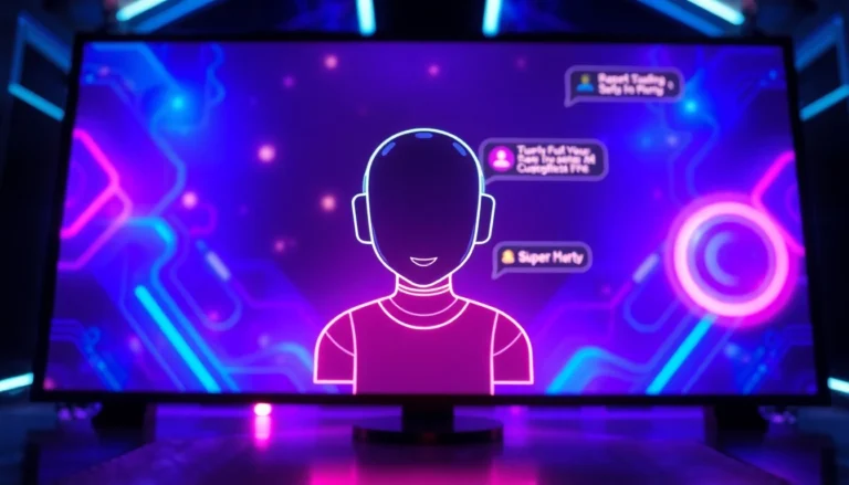 Futuristic digital scene showcasing an AI chatbot interface with vibrant neon lighting and a customizable avatar, representing advanced AI communication technology.