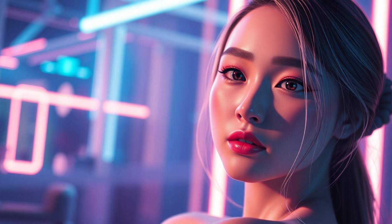 Futuristic hyper-realistic adult AI avatar with neon lighting and detailed textures