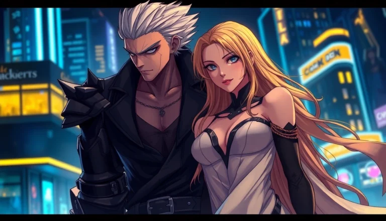 Illustration of two humanoid characters representing Omegaverse dynamics in a neon-lit urban setting.