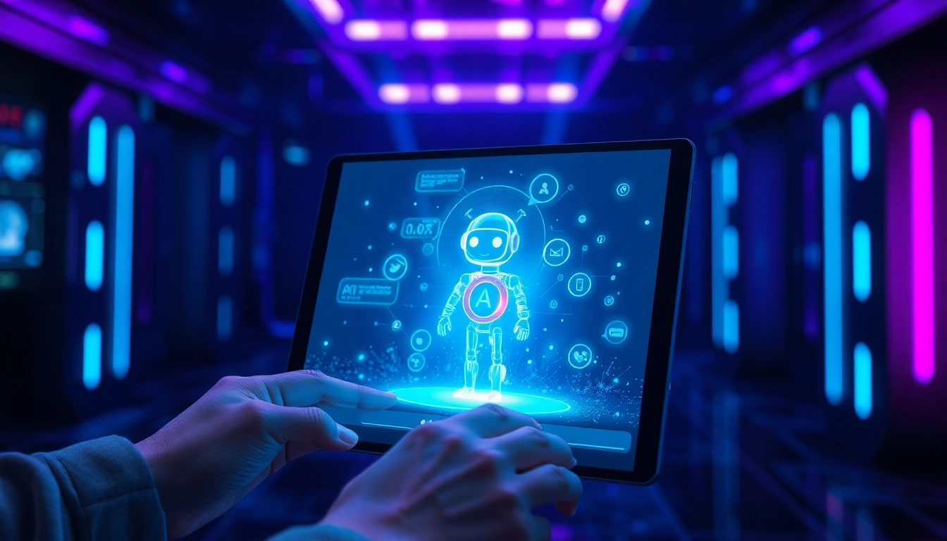 Futuristic digital scene of a user interacting with a holographic AI chatbot interface in a high-tech environment.