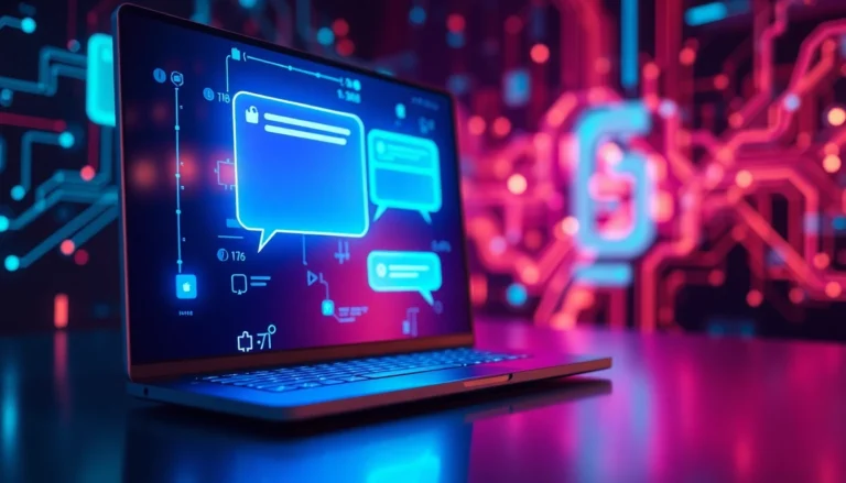 Futuristic AI chatbot interface with holographic chat window and digital circuitry background.