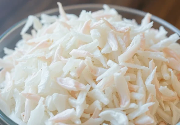 Premium dehydrated white onion flakes displayed in a bowl for culinary use, emphasizing quality