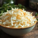 Dehydrated White Onion flakes displayed in a bowl with fresh herbs, highlighting quality and