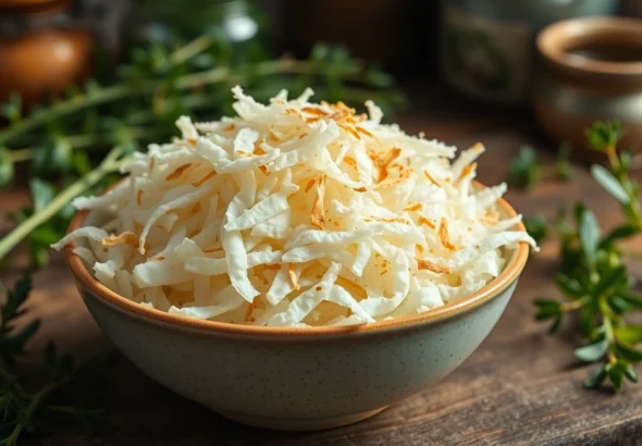 Dehydrated White Onion flakes displayed in a bowl with fresh herbs, highlighting quality and