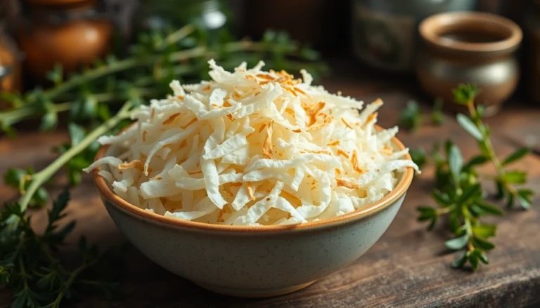 Dehydrated White Onion flakes displayed in a bowl with fresh herbs, highlighting quality and